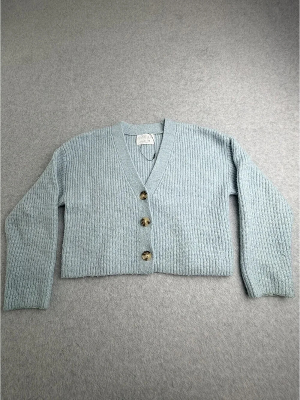 Zara Girls Cardigan Size 9-10 Light Blue Ribbed Knit V Neck Button Front
